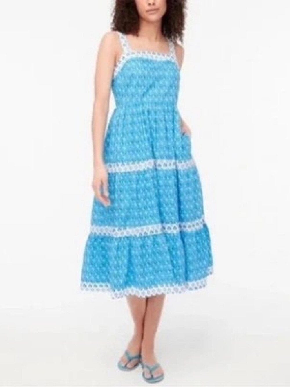 J. Crew Factory Block Print Square Neck Smocked Floral Tiered Midi Dress Size 2